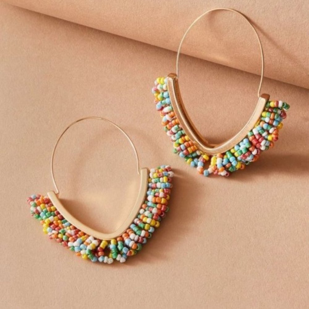 Anthropologie Multicolor Beaded Gold-Tone Hoop Earrings
